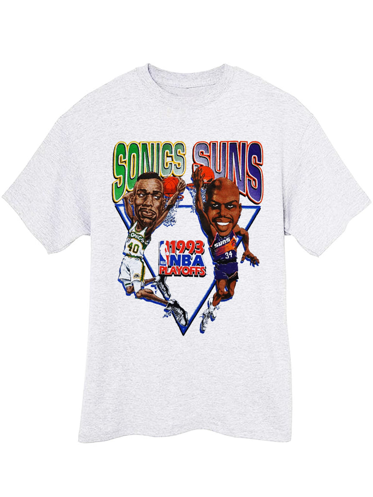 Vintage 1993 Western Playoffs Sonics vs Suns Shawn Kemp vs Charles Barkley tee tshirt - Ash Grey